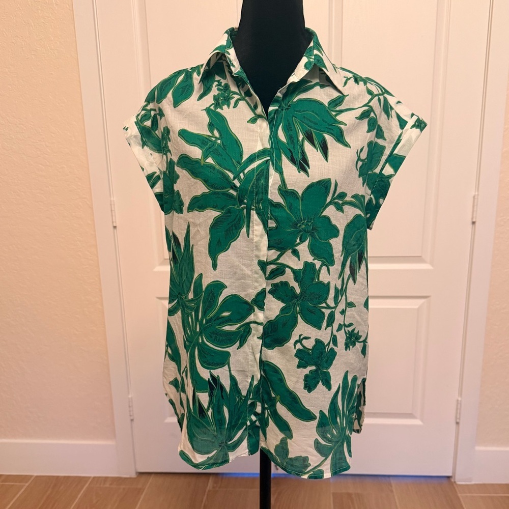 MARELLA White and Green Tropical Print Short Sleeve Shirt